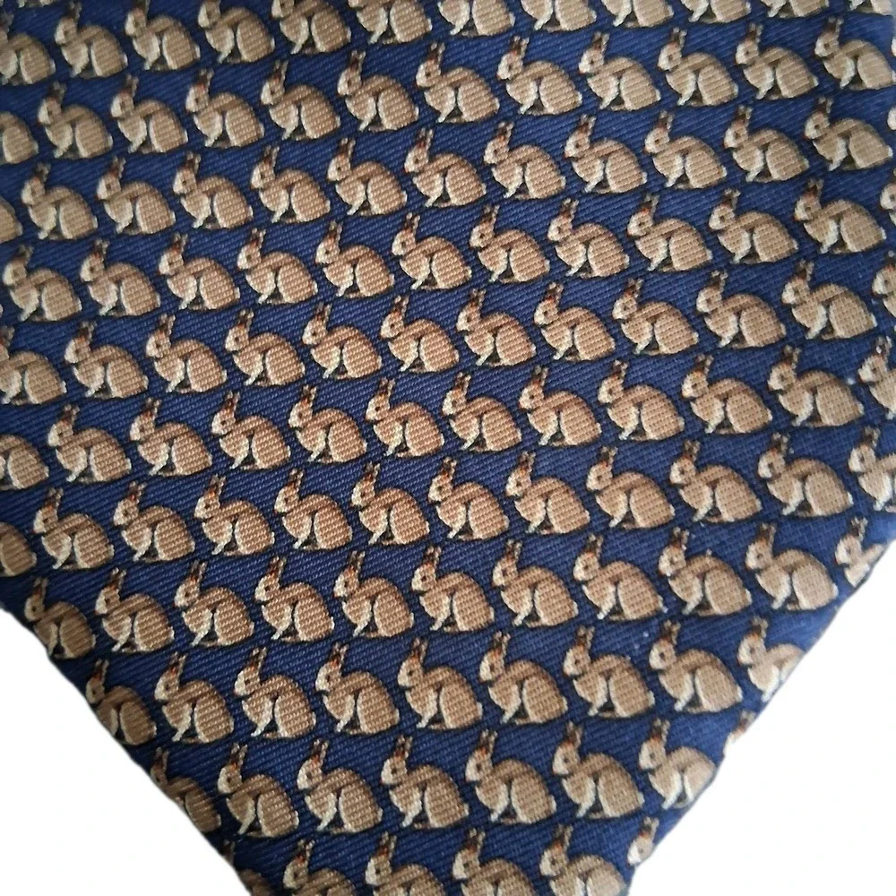 Brooks Brothers Basics Men's Silk Necktie Made in USA Blue Gold Rabbits Bunnies